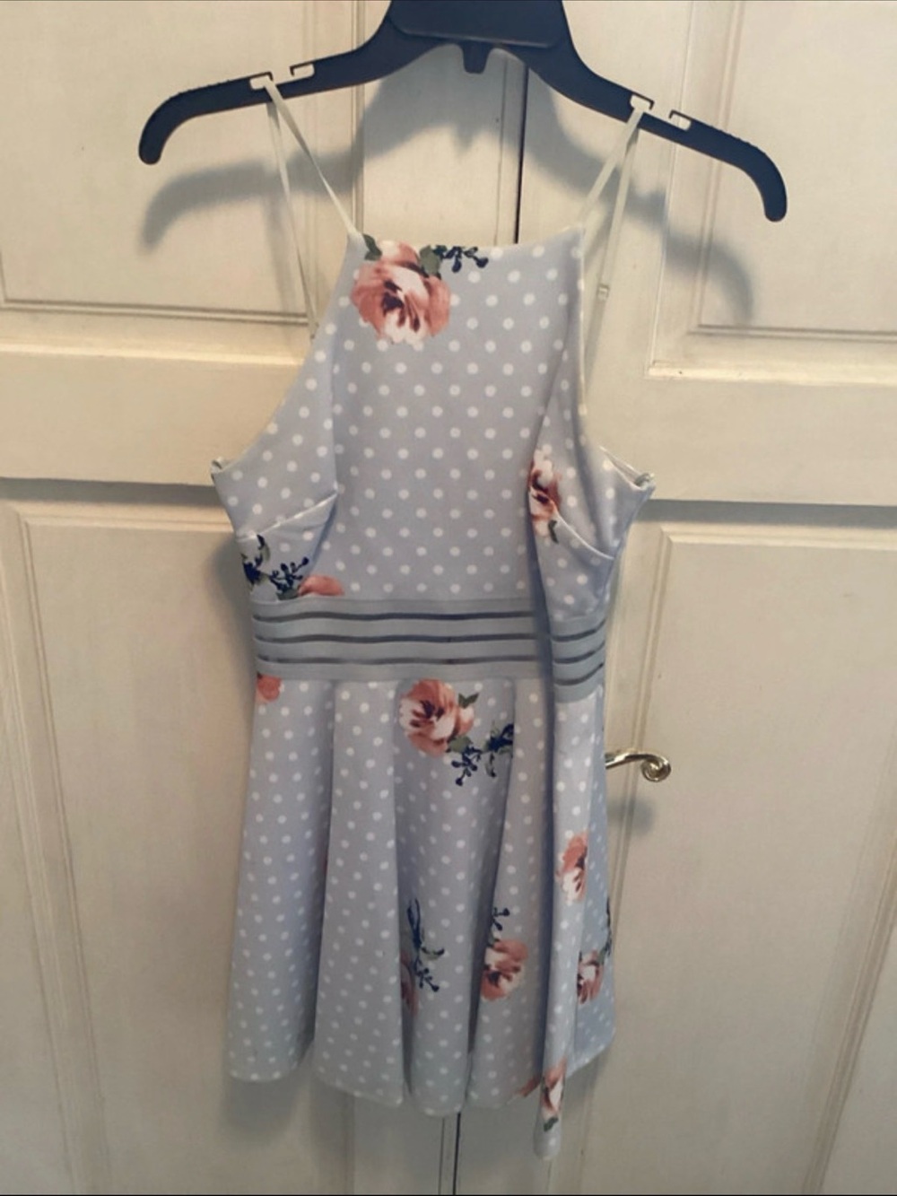 Jodi Kristopher Light Blue Polka Dot Floral Sundress with Peach Blooms